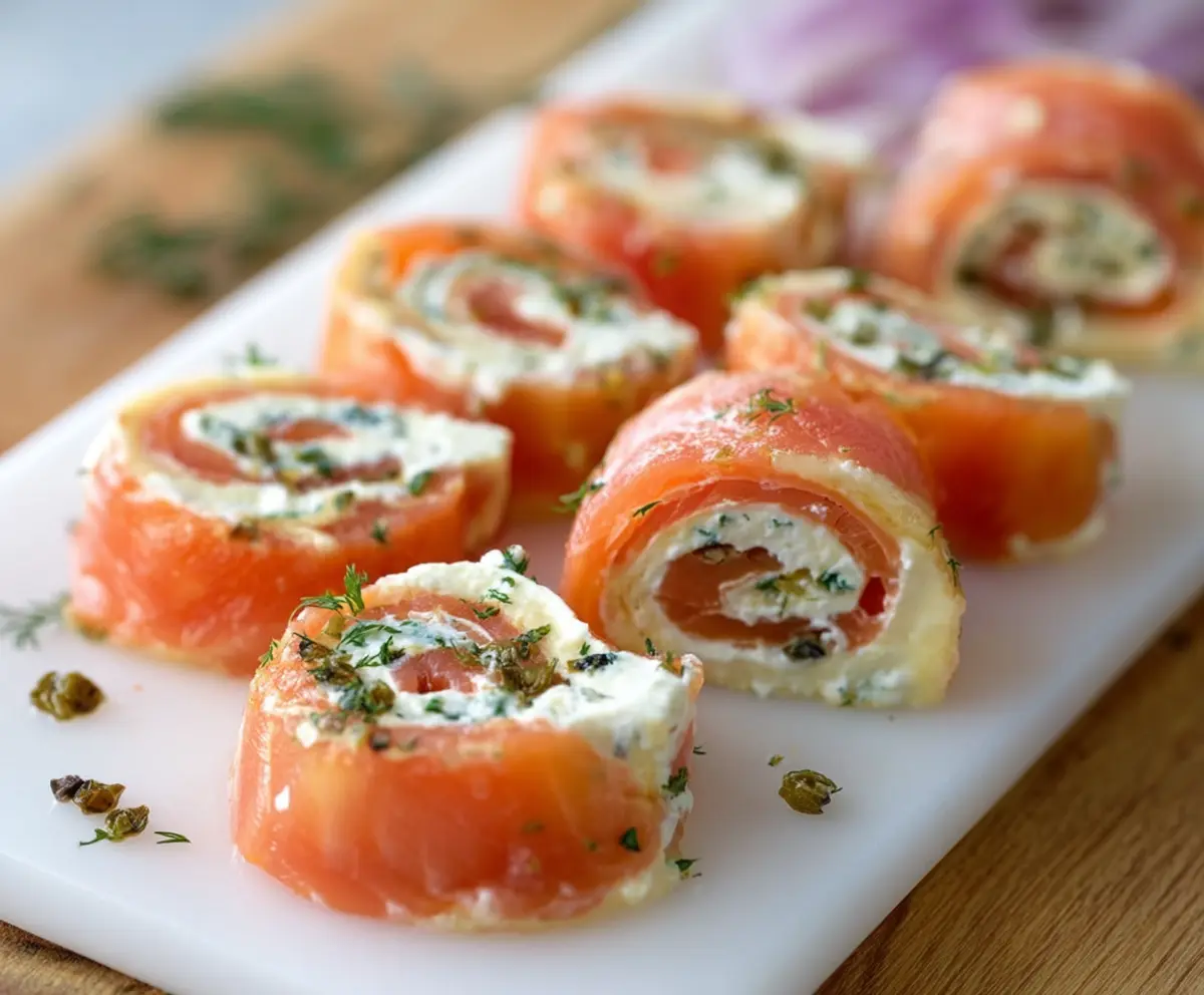 Delicious smoked salmon pinwheels with creamy spread and fresh herbs on an appetizer platter.