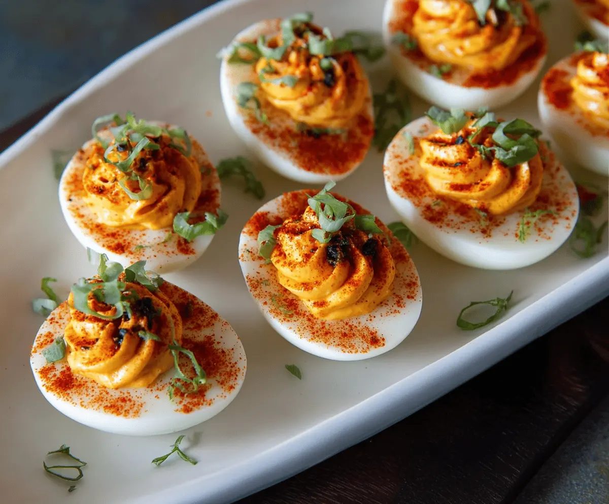 Creamy deviled eggs topped with a spicy Sriracha drizzle for a flavorful appetizer.