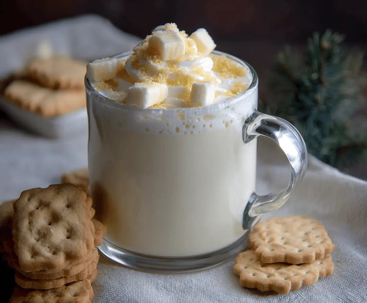 Creamy Sugar Cookie White Hot Chocolate topped with whipped cream and sprinkles