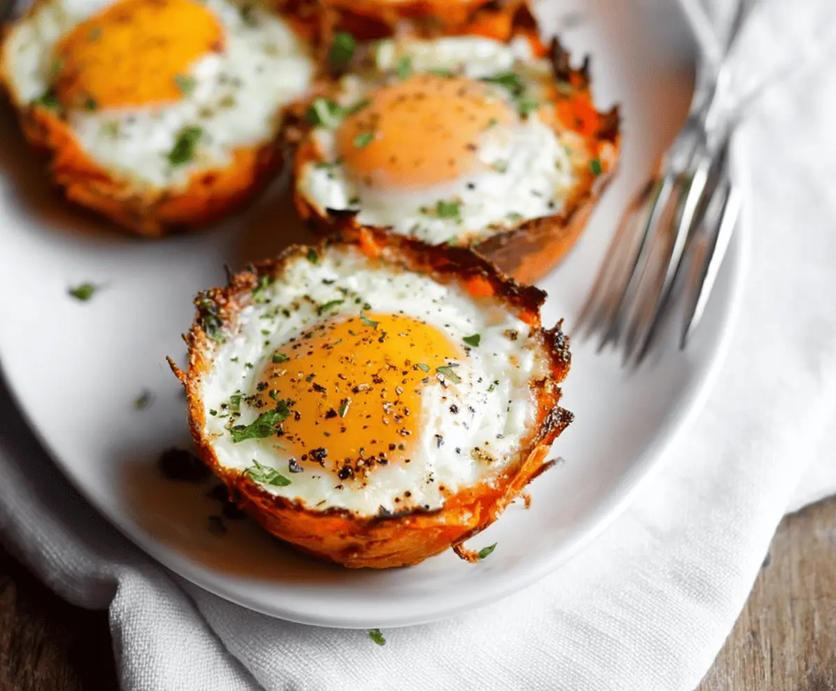 Delicious baked sweet potato egg cups garnished with herbs on a white plate.