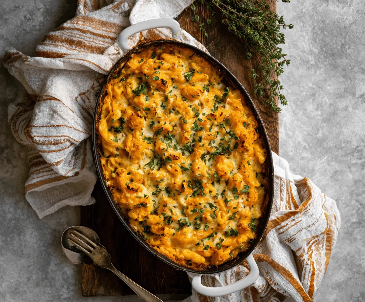 Creamy sweet potato mac and cheese in a baking dish, garnished with fresh herbs