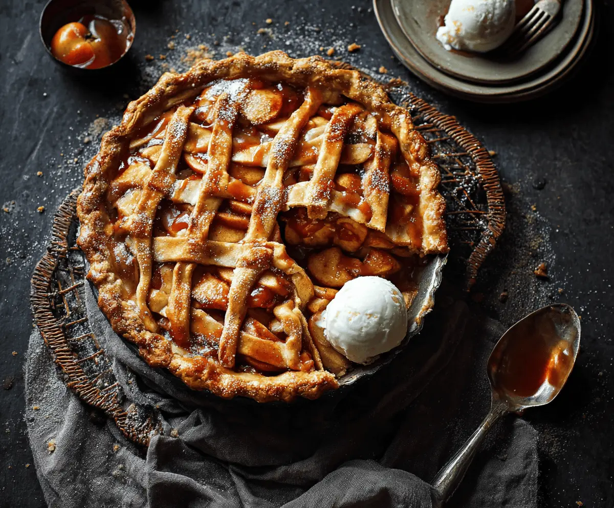 Delicious toffee apple pie with golden crust and caramel drizzle, perfect for dessert.