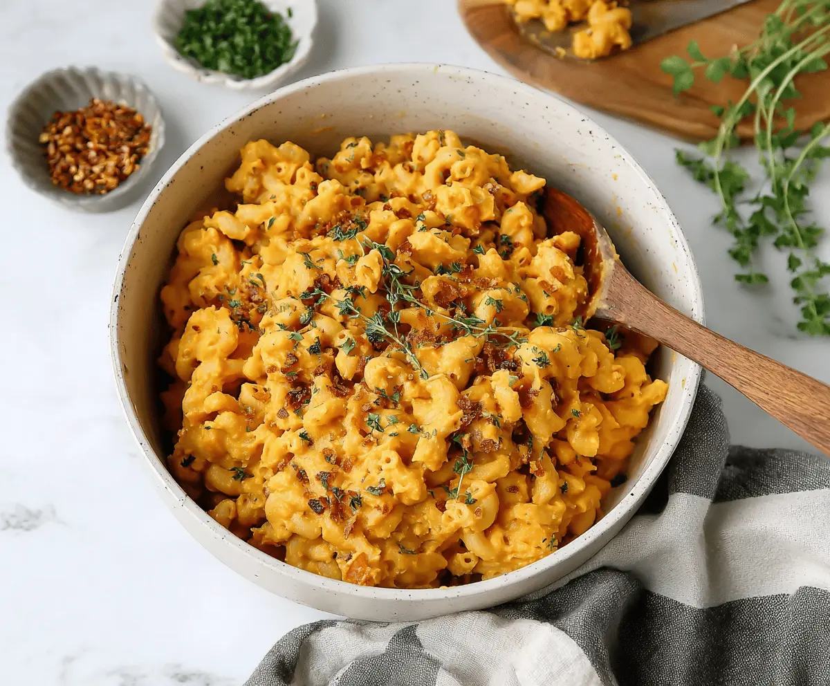Creamy vegan sweet potato mac and cheese served in a rustic bowl, garnished with fresh herbs.
