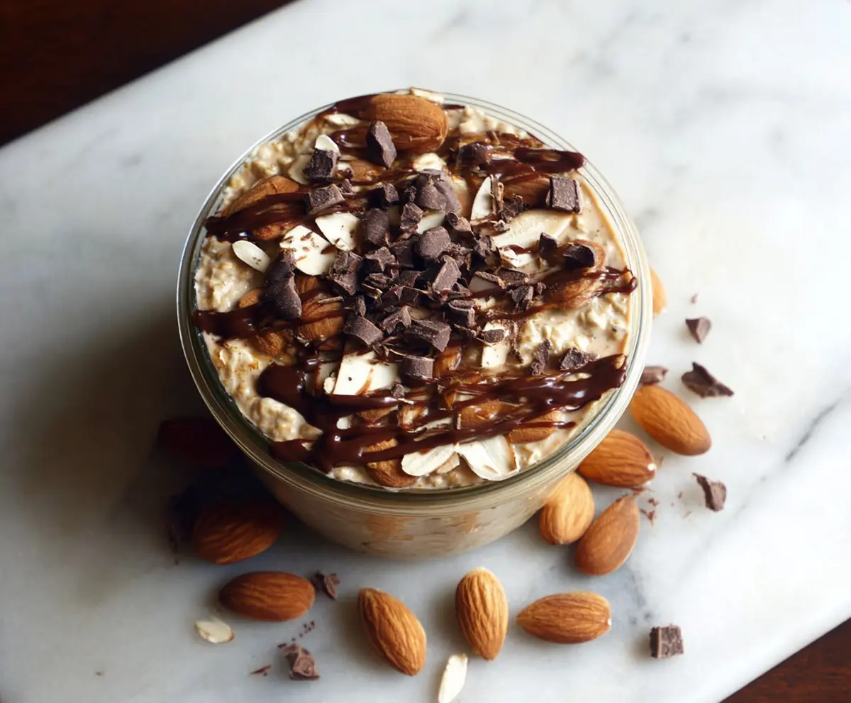 Creamy almond and dark chocolate overnight oats in a glass jar topped with fresh almonds and chocolate shavings.