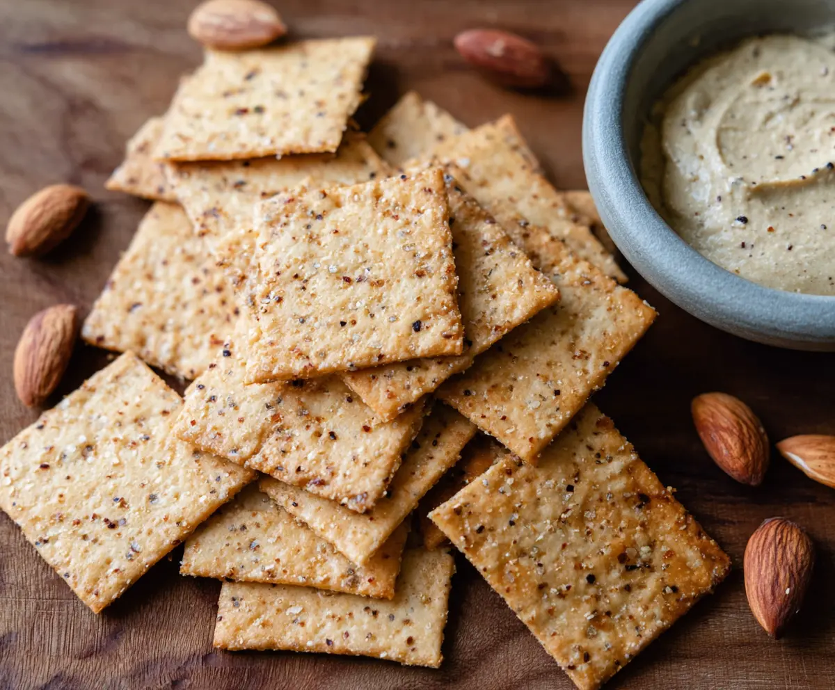 Homemade almond flour crackers on a wooden board, crispy and golden, perfect for healthy snacking.