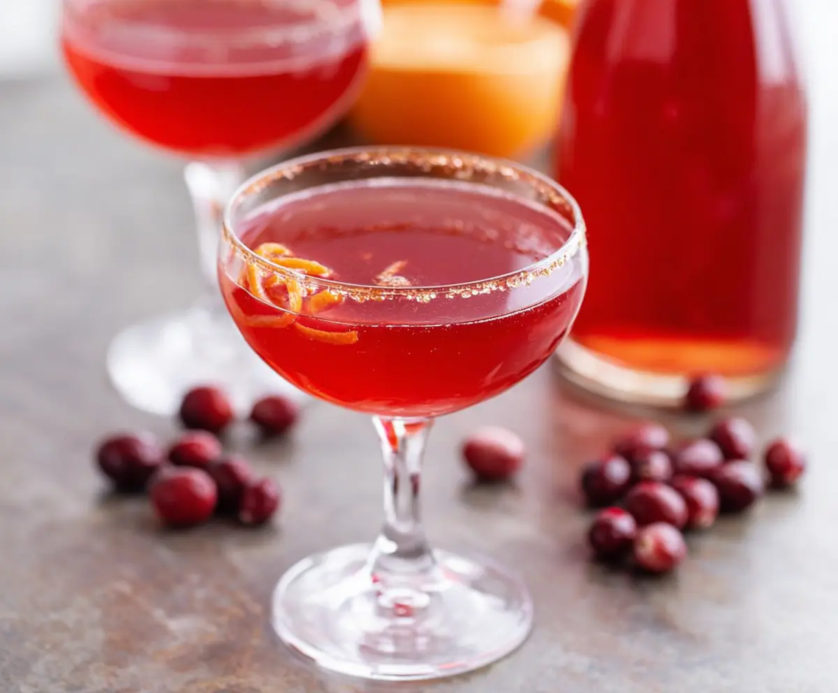 Refreshing Amaretto Cranberry Kiss Cocktail in a glass garnished with cranberries and a slice of lemon.