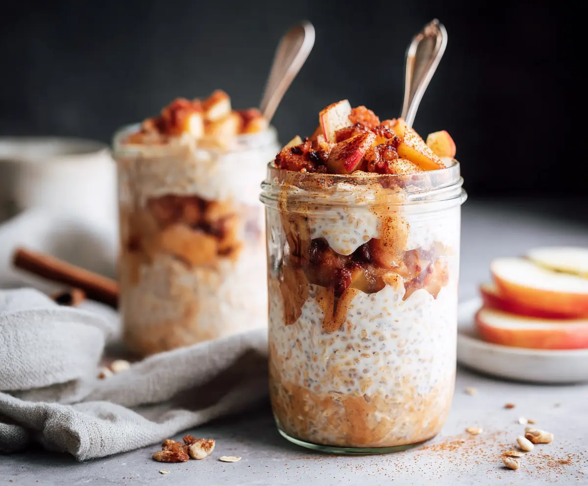 Creamy Apple Pie Overnight Oats topped with fresh apple slices and cinnamon for a delicious breakfast.