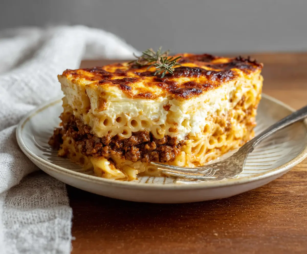 Delicious authentic Greek Pastitsio with layered pasta, seasoned meat sauce, and creamy béchamel topping