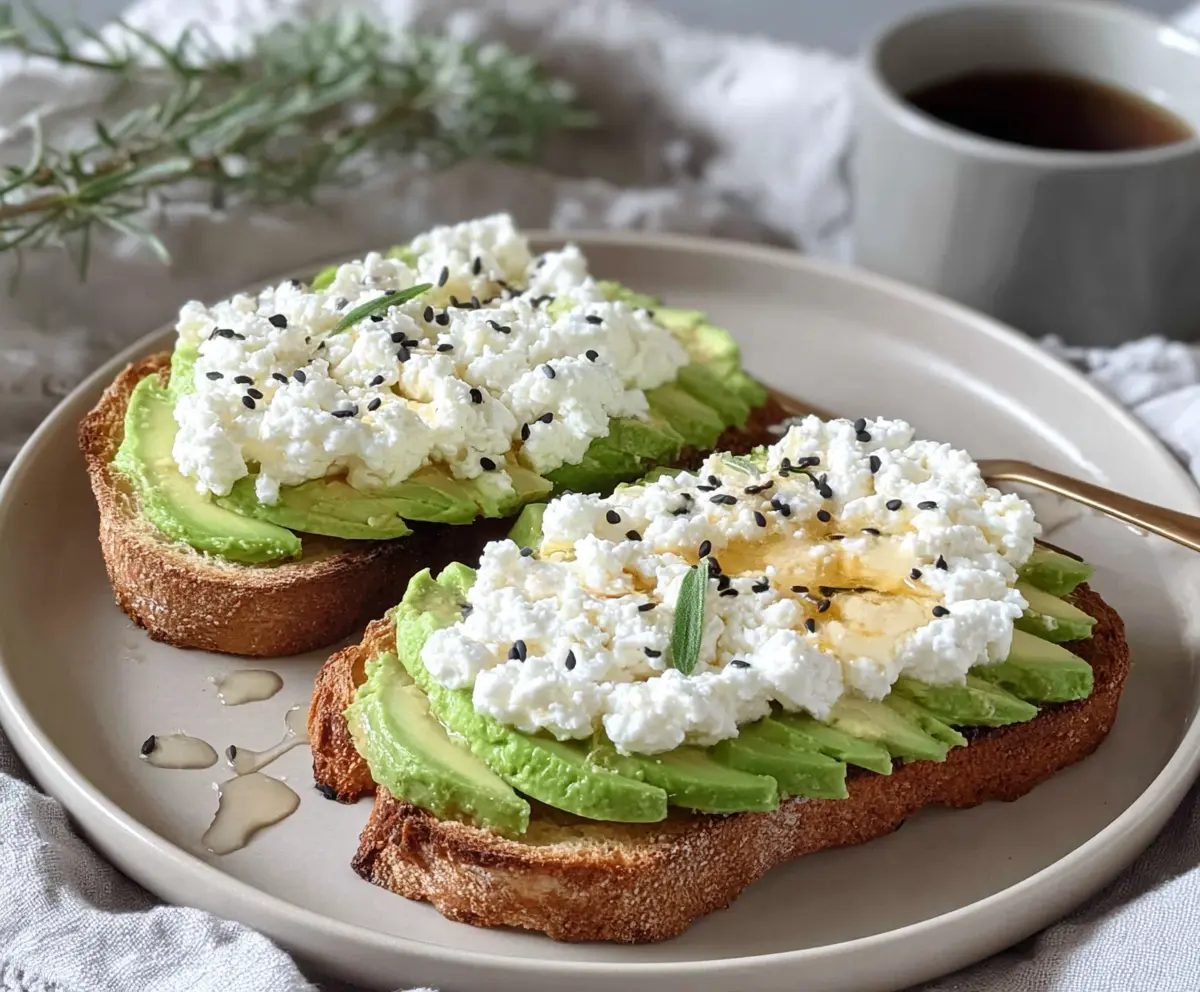 Delicious avocado toast topped with cottage cheese and a drizzle of honey, perfect for a healthy breakfast.