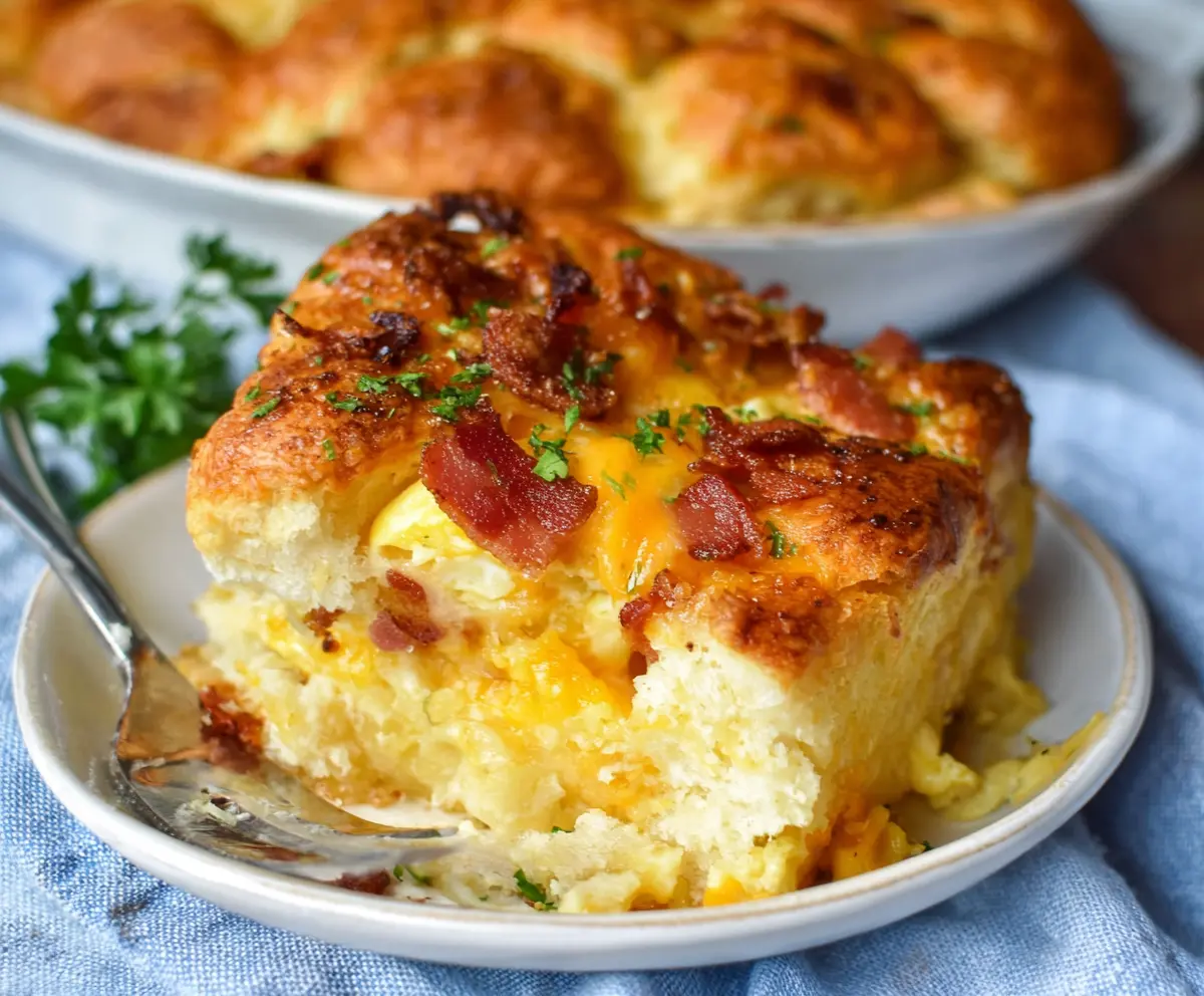 Delicious Bacon Egg and Cheese Biscuit Bake served hot for breakfast or brunch.