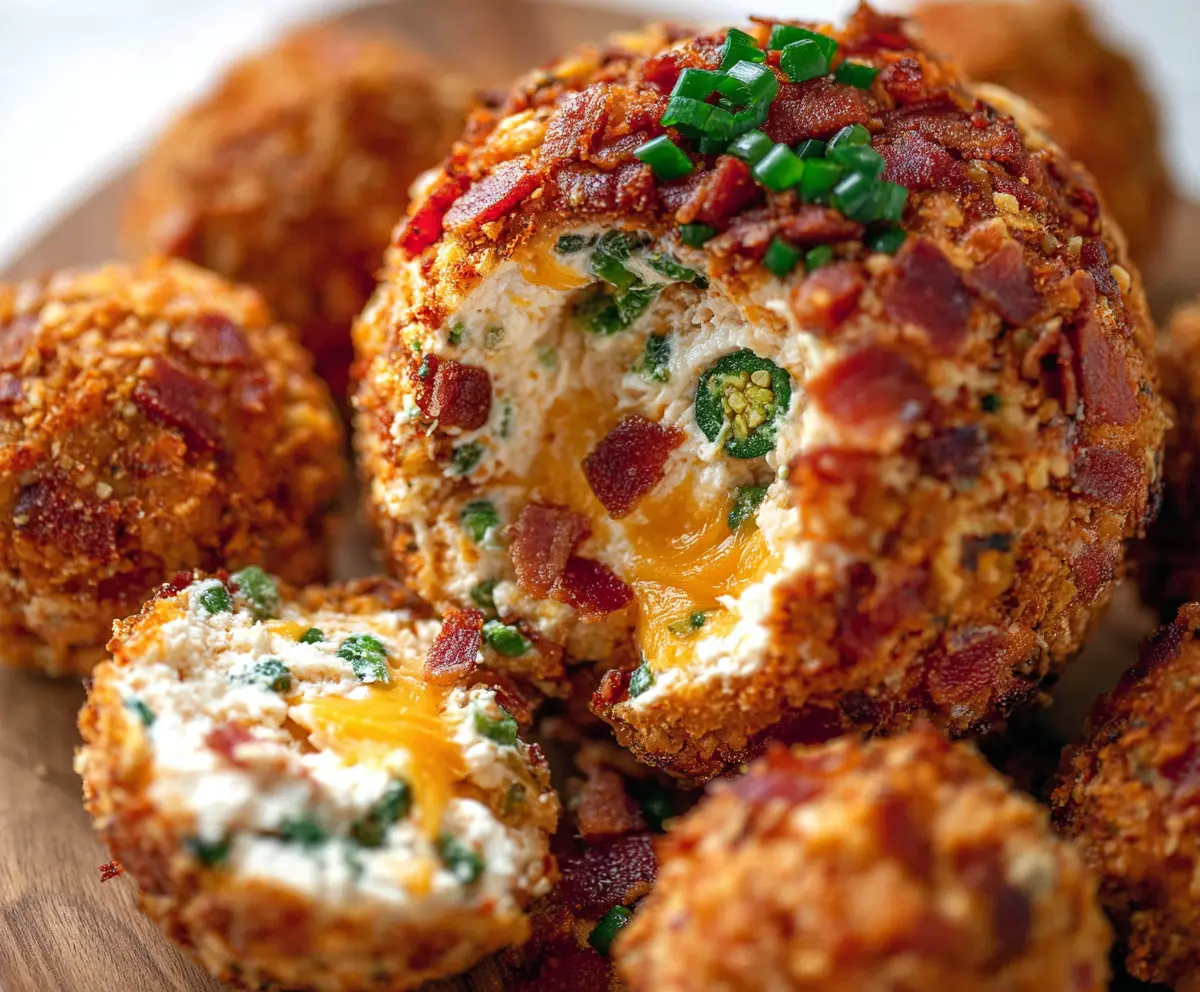 Delicious Bacon Jalapeño Popper Cheese Ball garnished with chopped bacon and jalapeños, perfect for appetizer platters.
