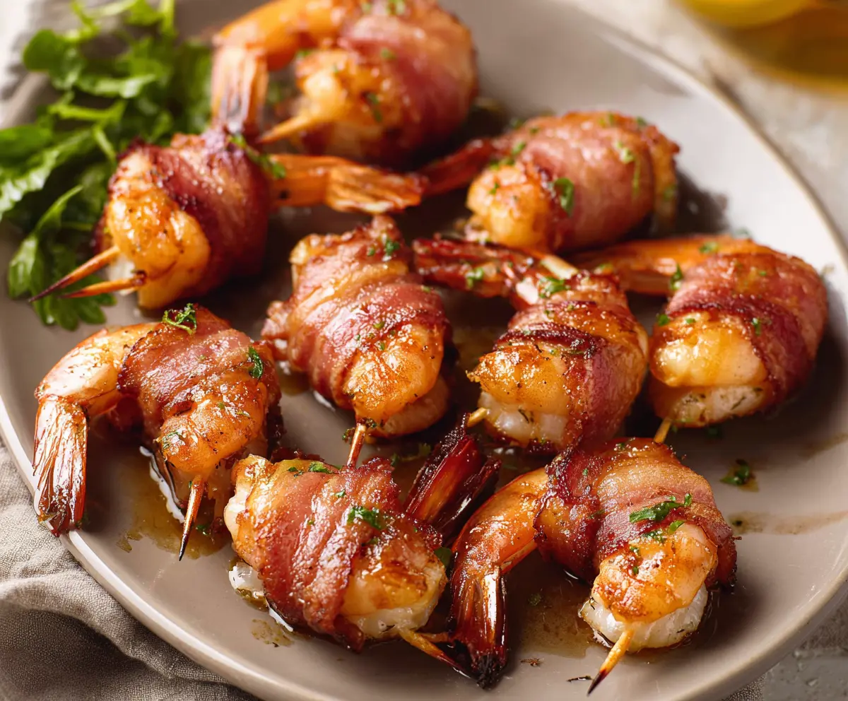 Delicious bacon-wrapped shrimp appetizer garnished with fresh herbs for a savory seafood snack.