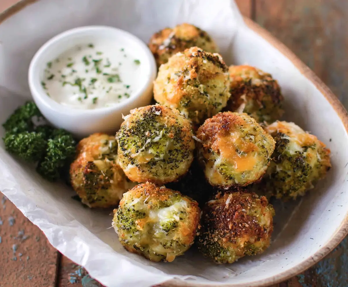 Delicious baked broccoli cheese balls on a wooden plate, perfect for a healthy snack or appetizer.