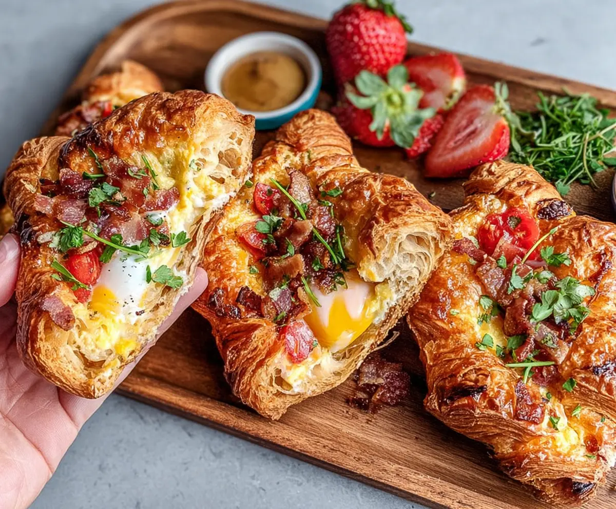 Delicious baked croissant breakfast boats filled with eggs, cheese, and fresh vegetables for a hearty morning meal.