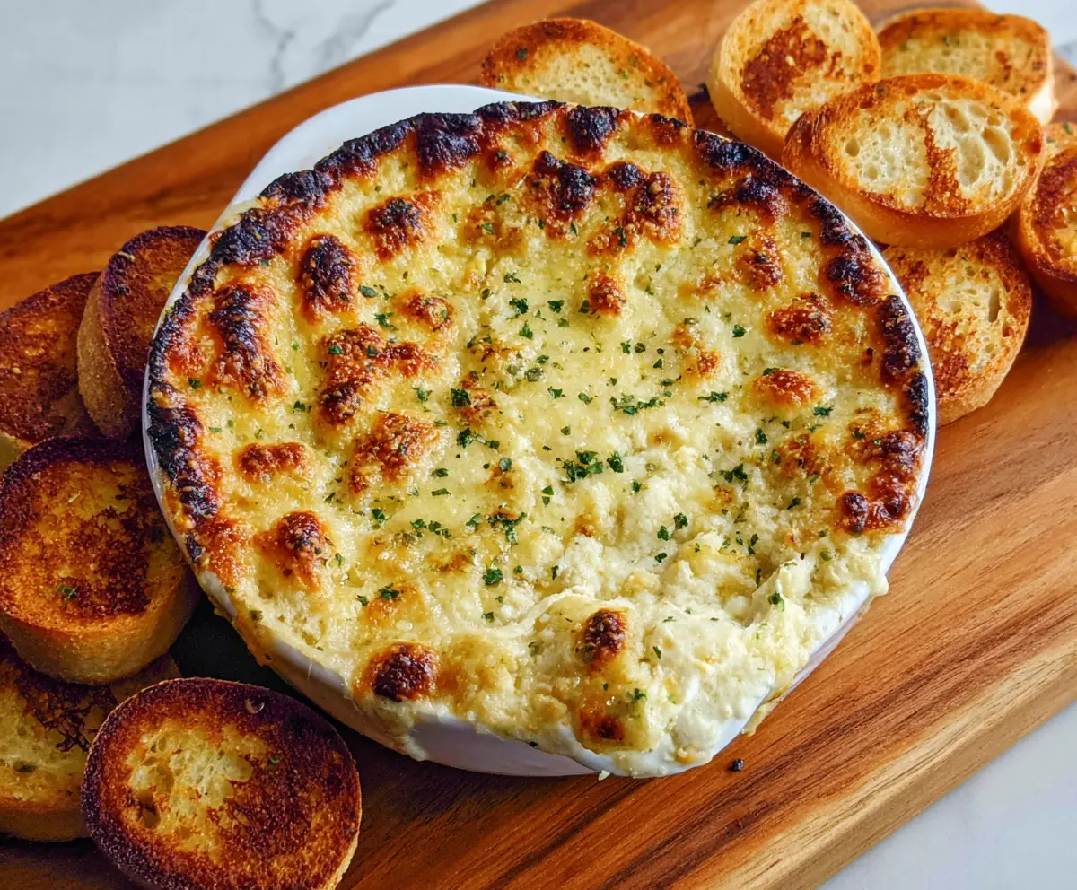 Delicious baked garlic bread dip served in a bowl with fresh herbs on top