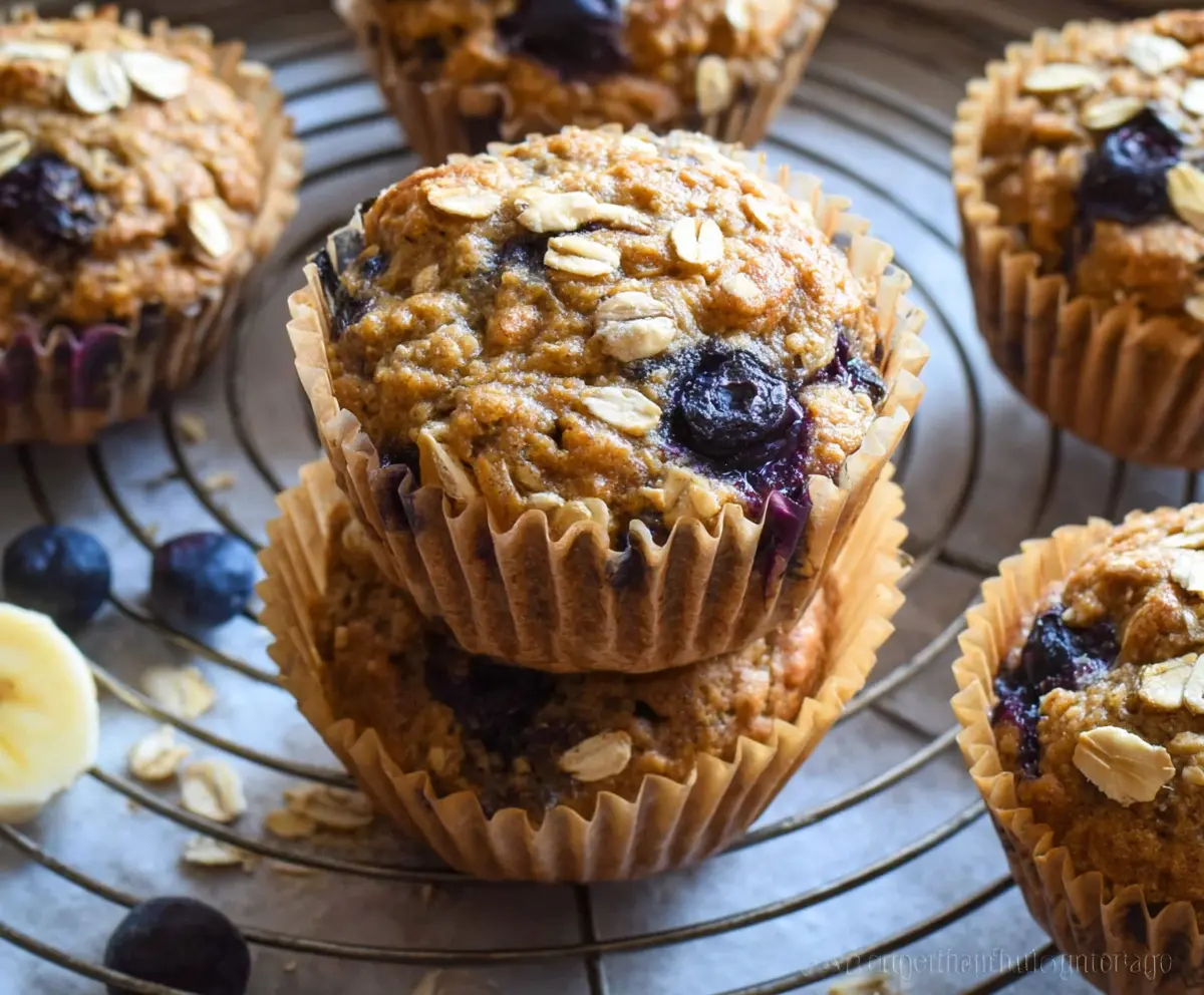 Delicious Banana Blueberry Oatmeal Muffins with fresh blueberries and ripe bananas