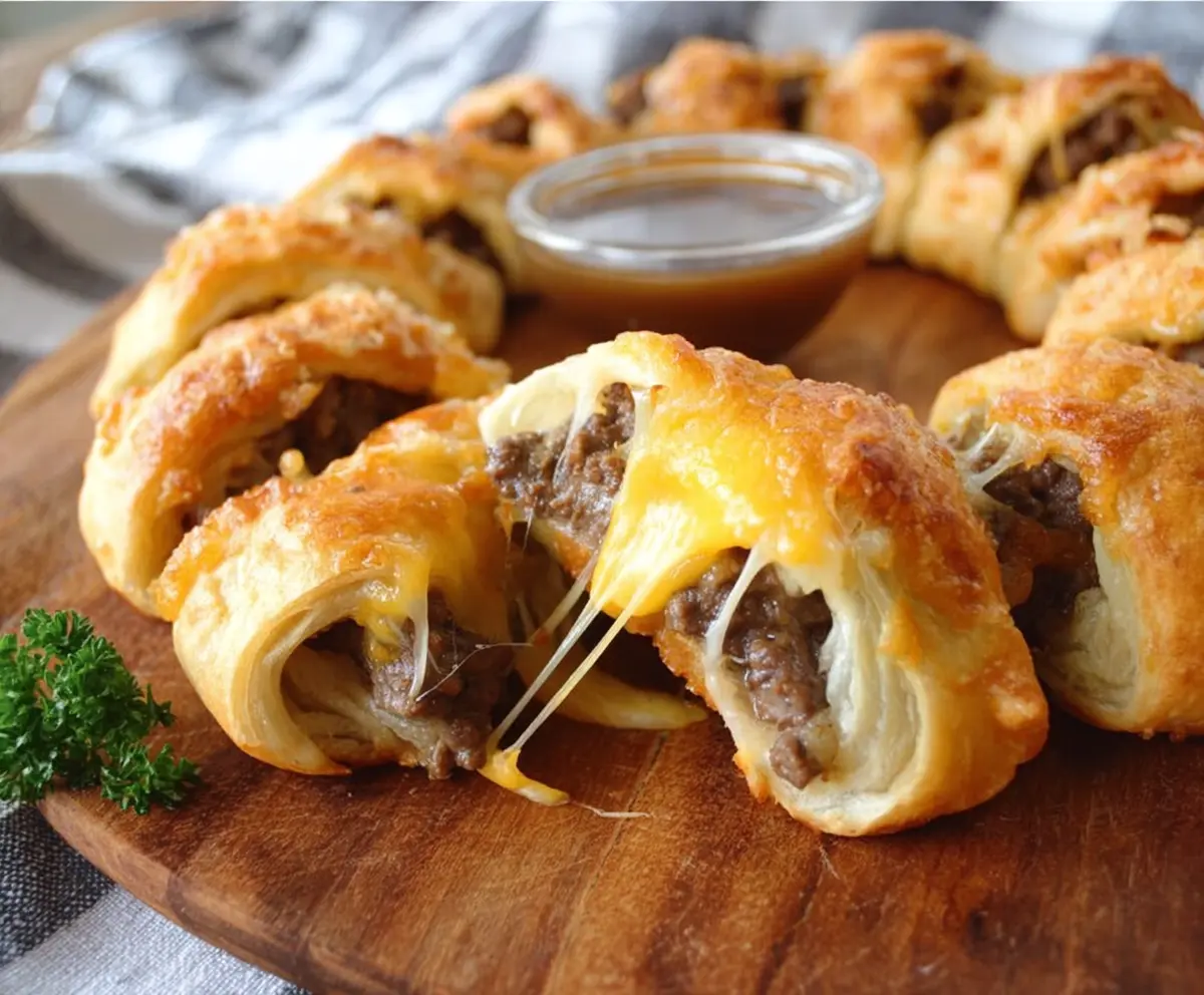 Delicious Beef and Cheese Crescent Ring Bites on a serving platter, perfect for snacks or parties.