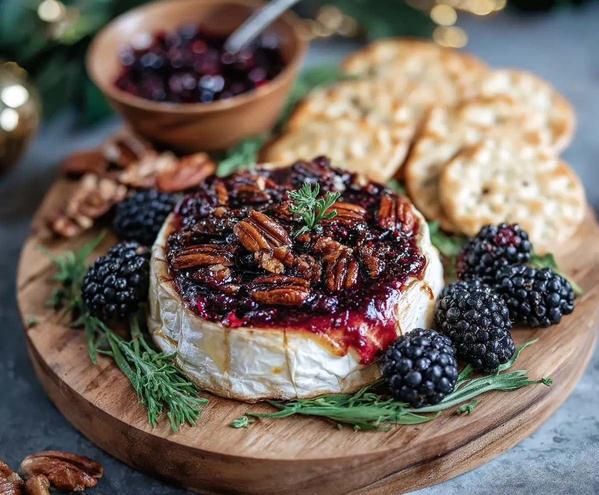 Delicious Blackberry Compote Spicy Pecan Baked Brie served on a rustic plate for a flavorful appetizer.