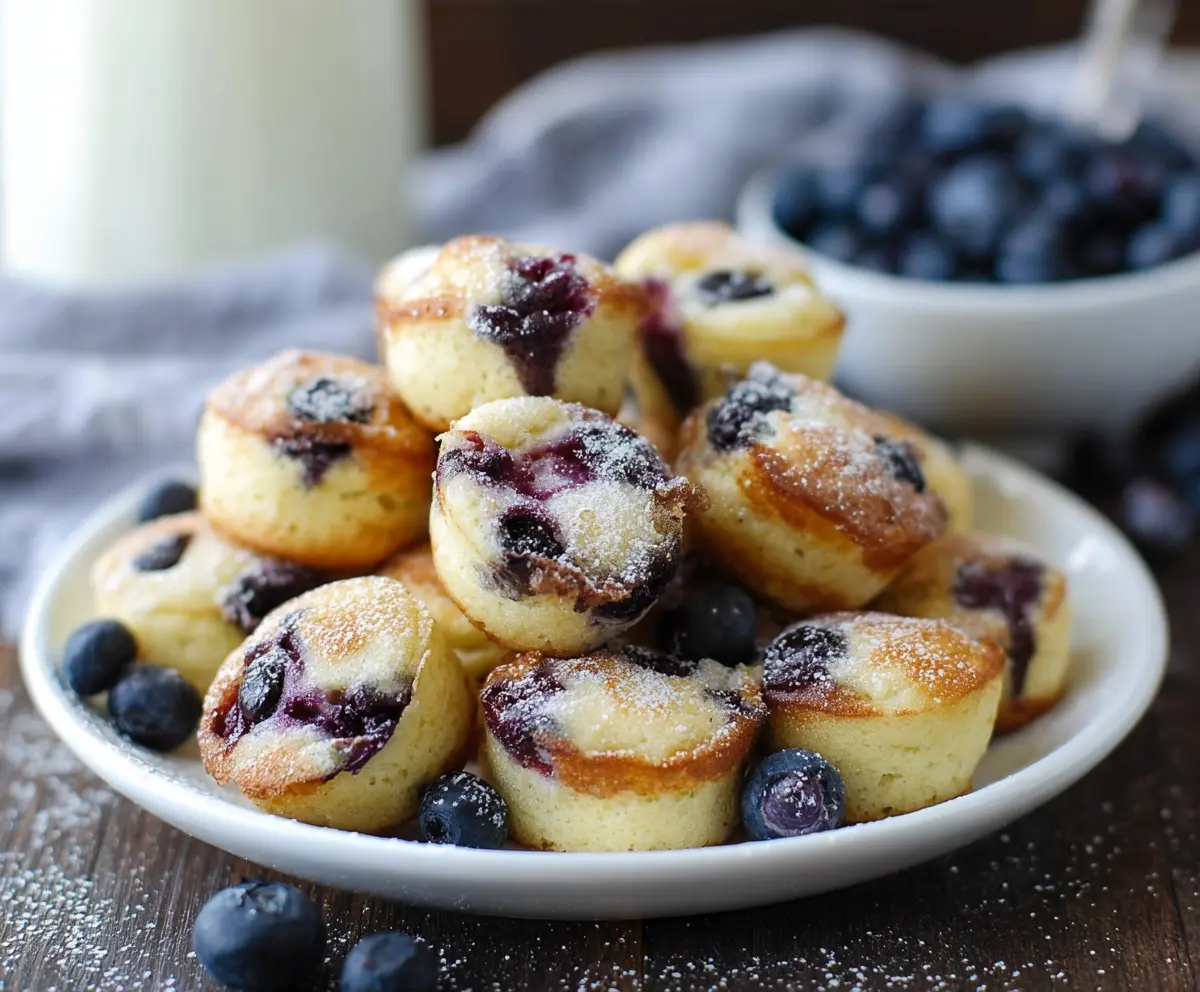 Delicious blueberry pancake bites topped with fresh blueberries and syrup, perfect for breakfast or brunch.