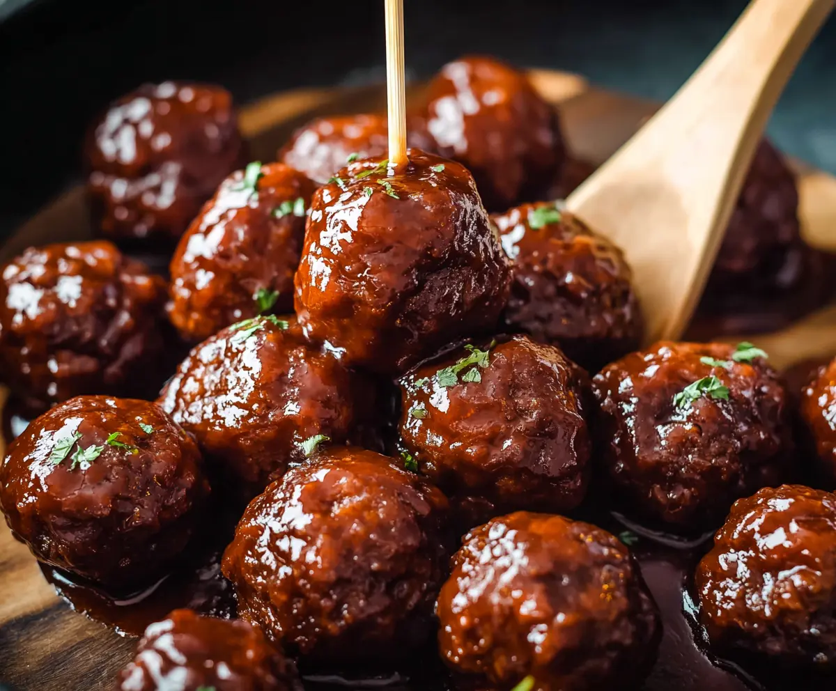 Delicious bourbon honey BBQ meatballs served on a plate, perfect for appetizer or party snack.