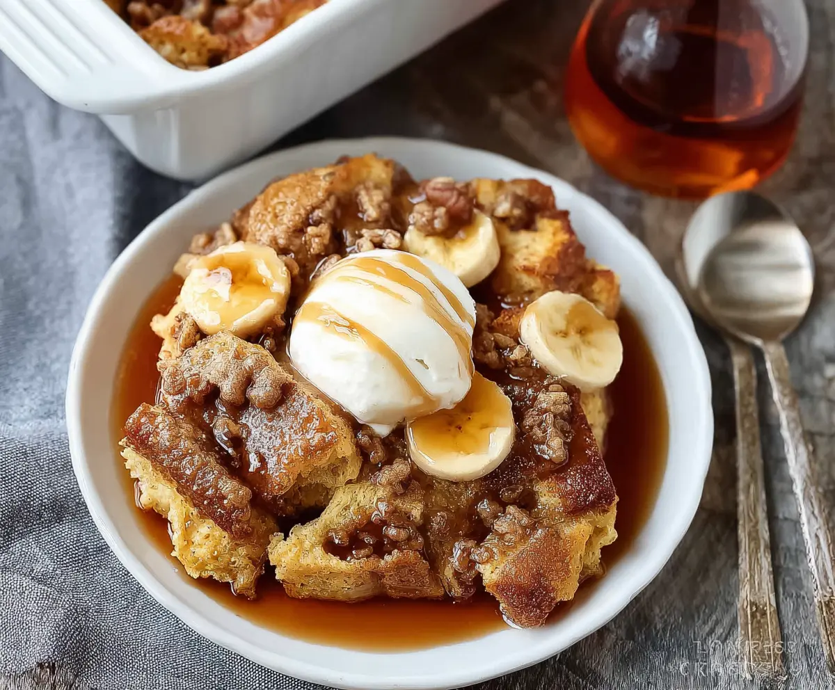 Delicious Brown Sugar Banana French Toast Casserole topped with caramelized bananas and a dusting of powdered sugar.