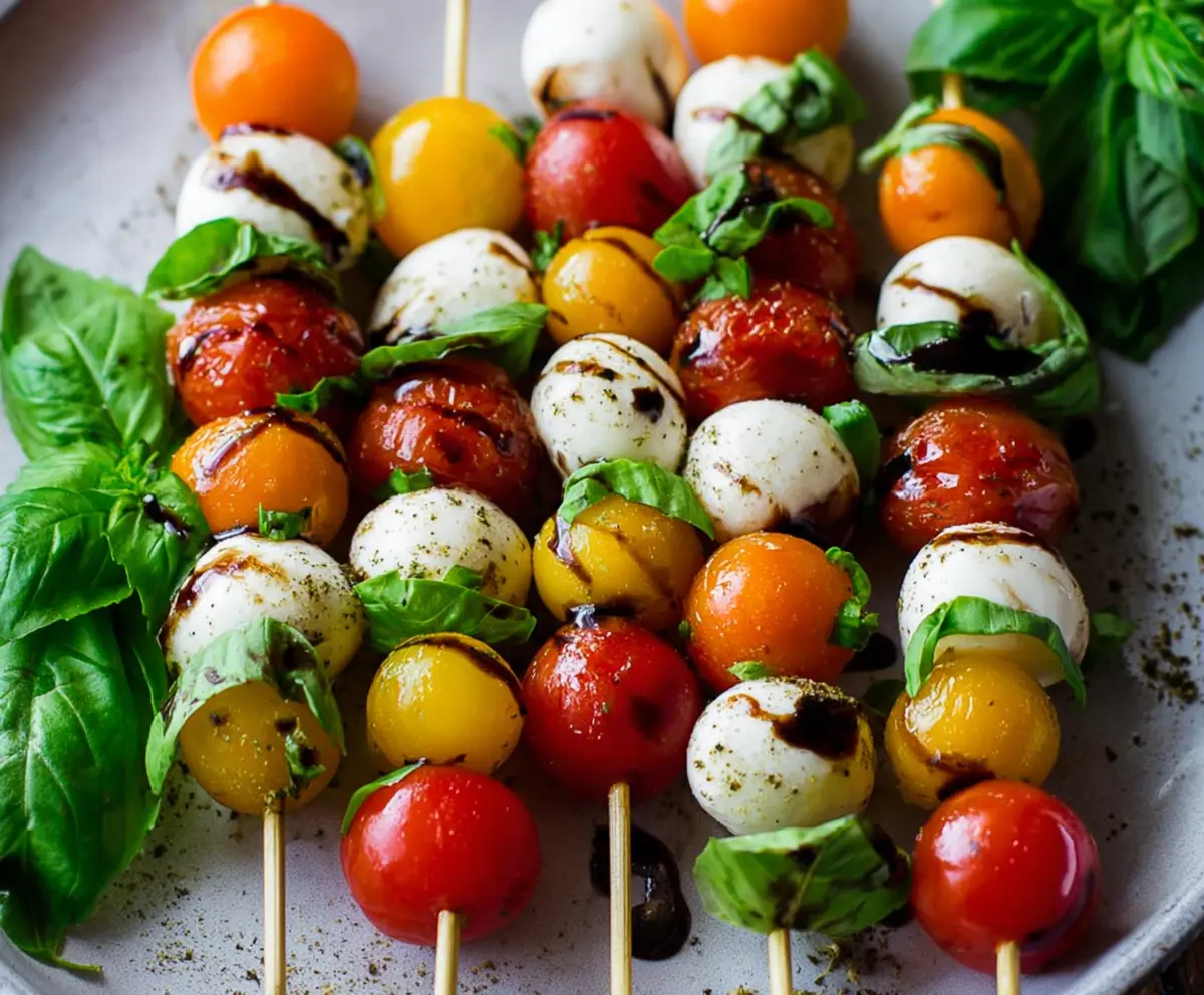 Delicious Caprese Skewers with fresh cherry tomatoes, mozzarella balls, and basil leaves on wooden sticks, perfect for appetizers.