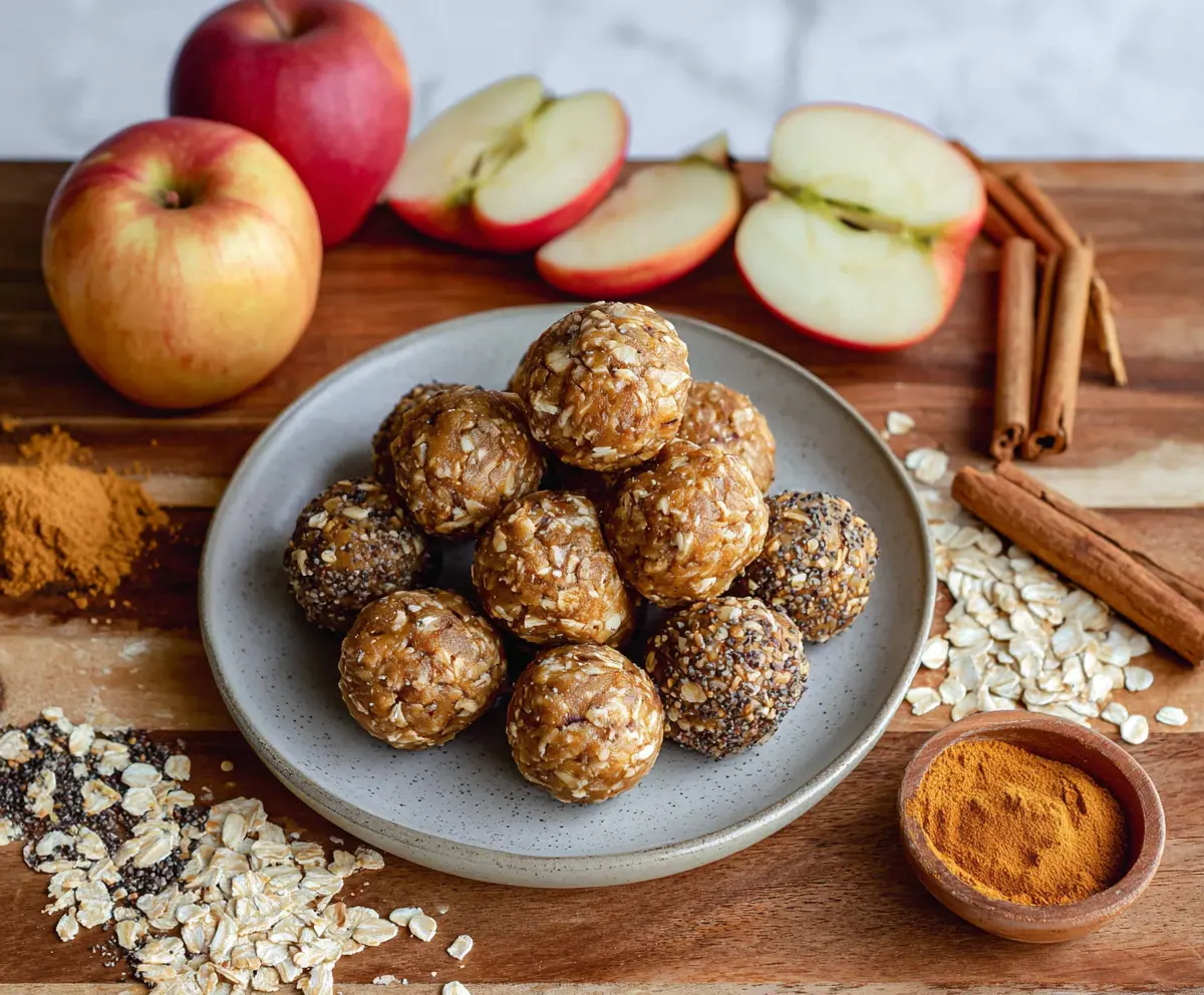 Delicious caramel apple protein bites with a crunchy exterior and sweet apple filling, perfect for a healthy snack.