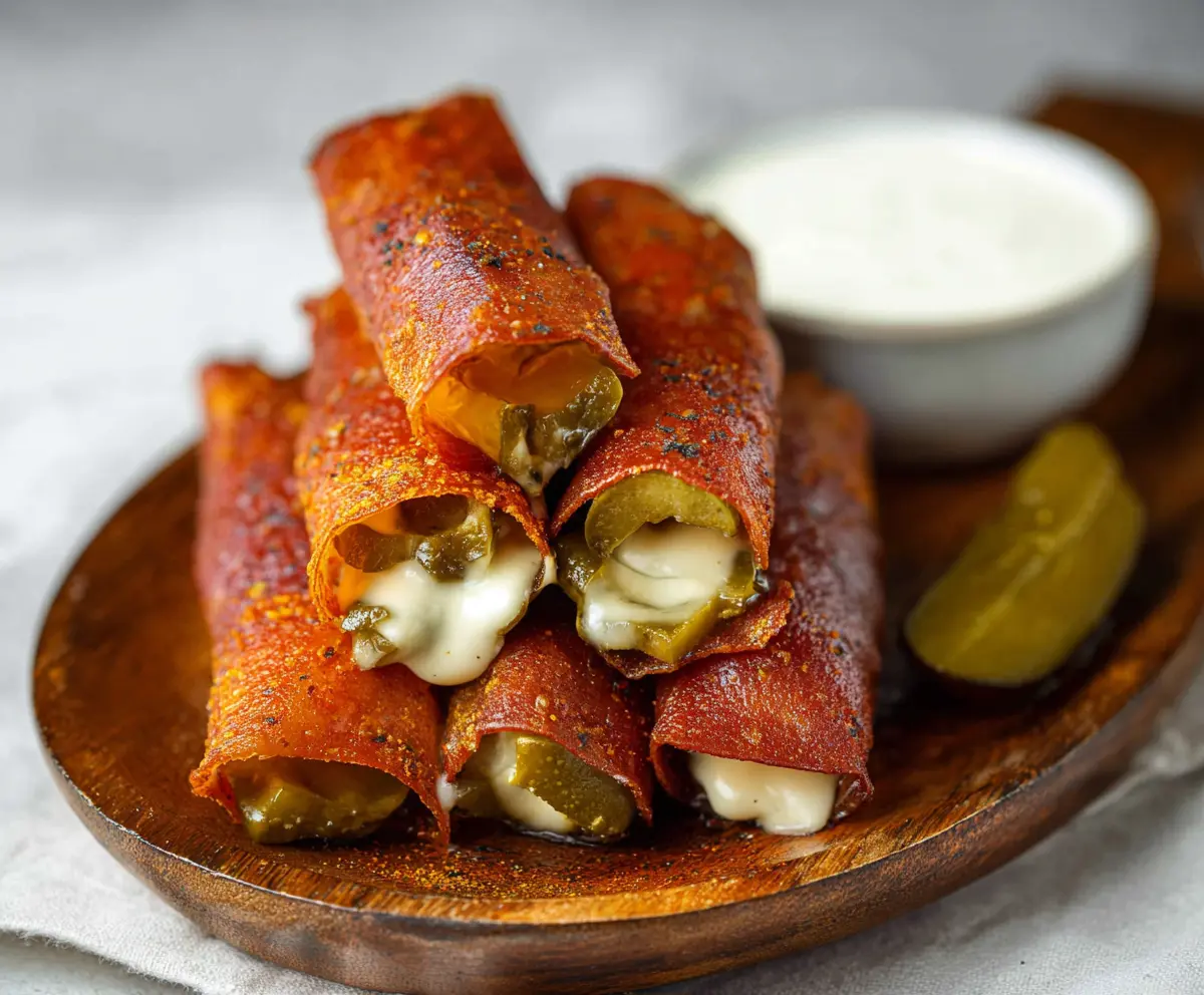 Cheese wrapped pickles on a white plate, served as a savory appetizer or snack.