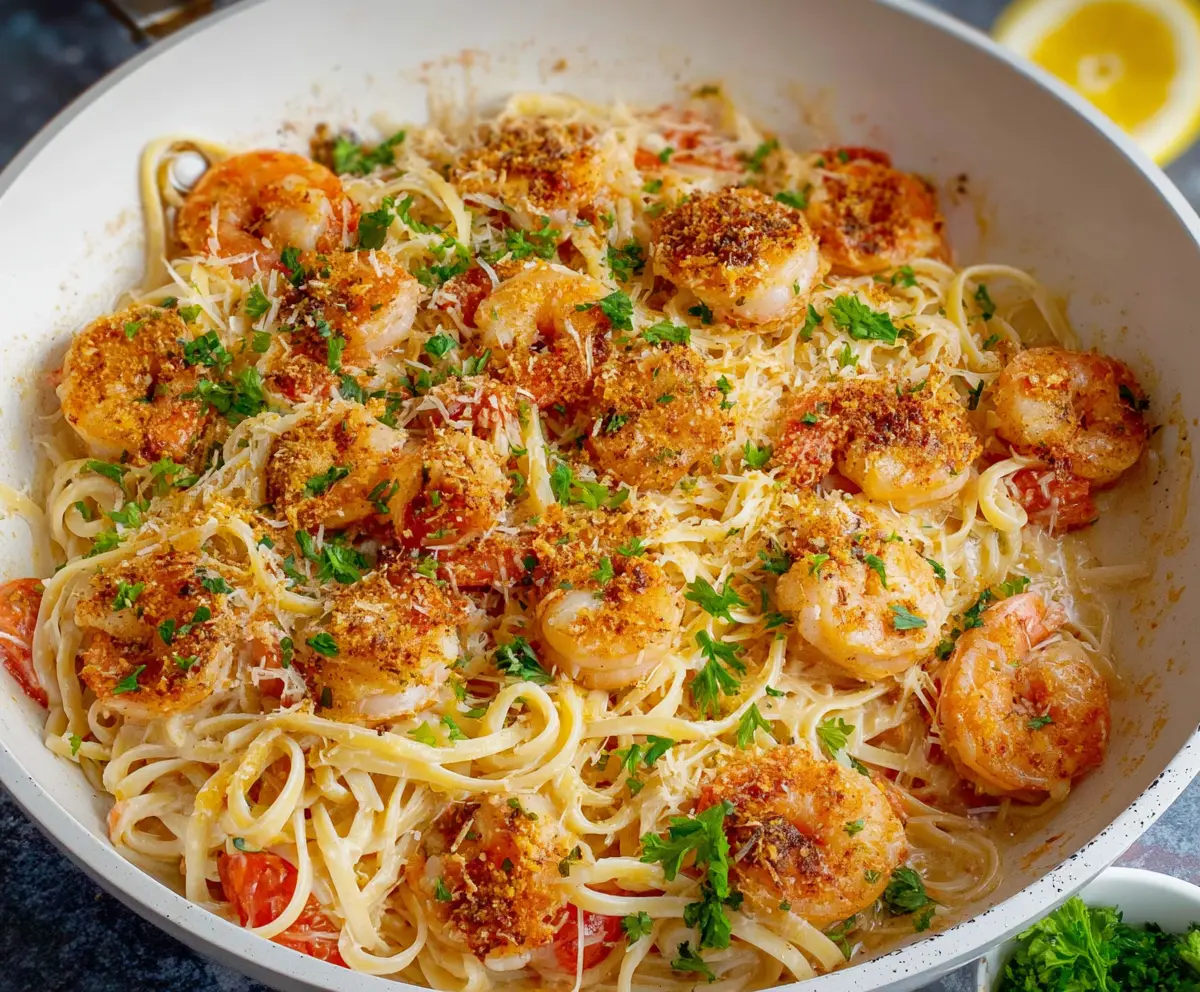 Delicious Cheesecake Factory Shrimp Scampi Linguine served on a white plate, featuring plump shrimp and flavorful linguine.