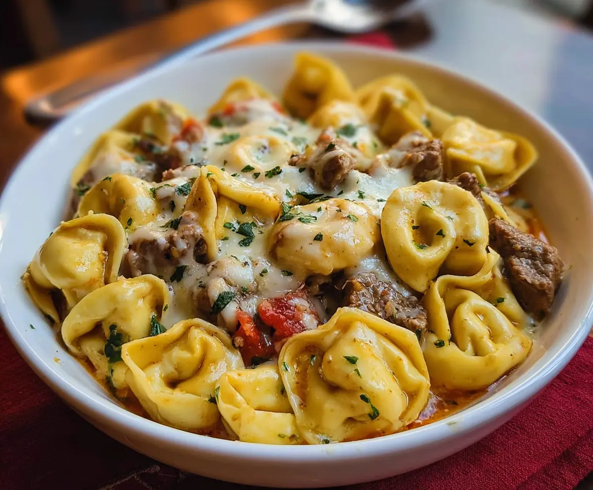 Delicious Cheesesteak Tortellini with melted cheese and savory meat filling on a plate.