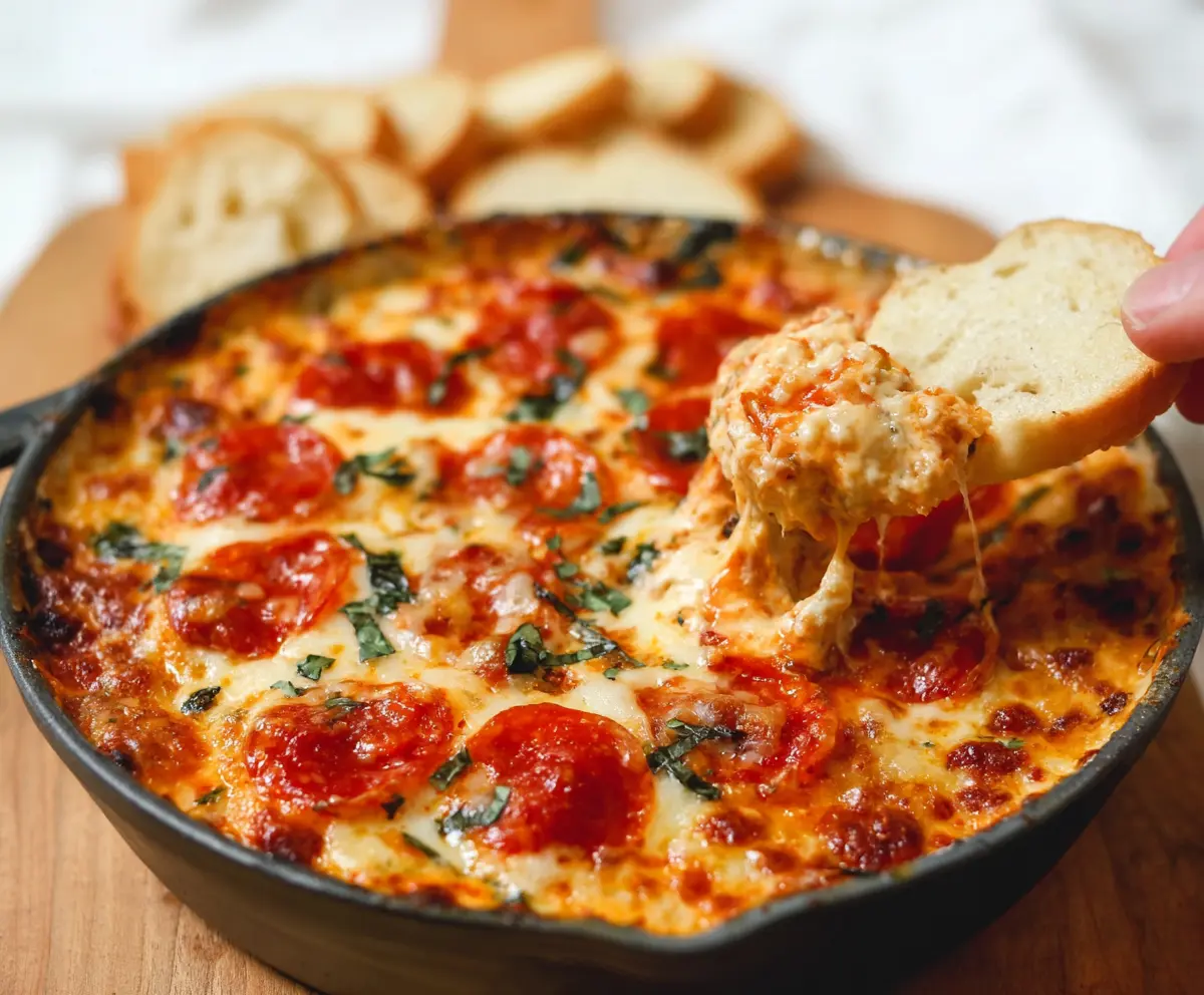 Delicious cheesy baked pizza dip with melted cheese, pepperoni, and herbs served in a bowl