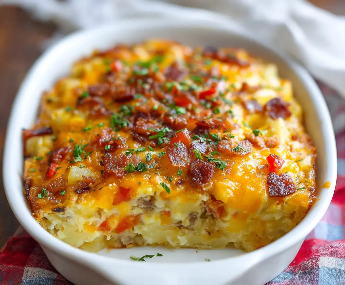 Delicious cheesy potato breakfast casserole with crispy toppings and melted cheese.