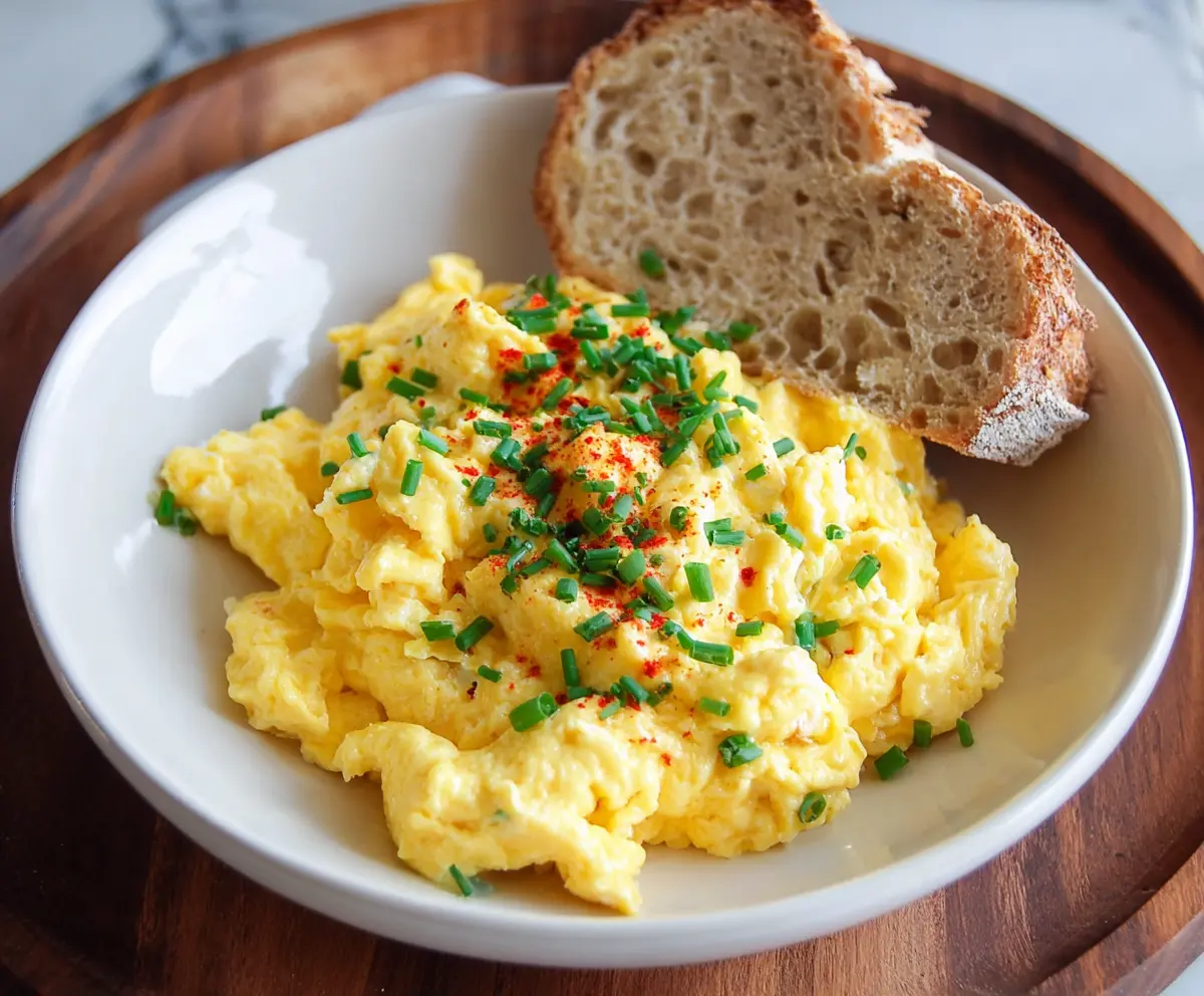 Delicious cheesy scrambled eggs in a bowl, perfect for breakfast or brunch.