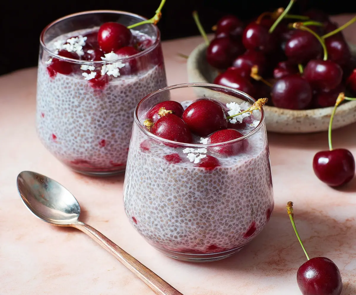 Delicious Cherry Chia Pudding in a glass bowl with fresh cherries on top