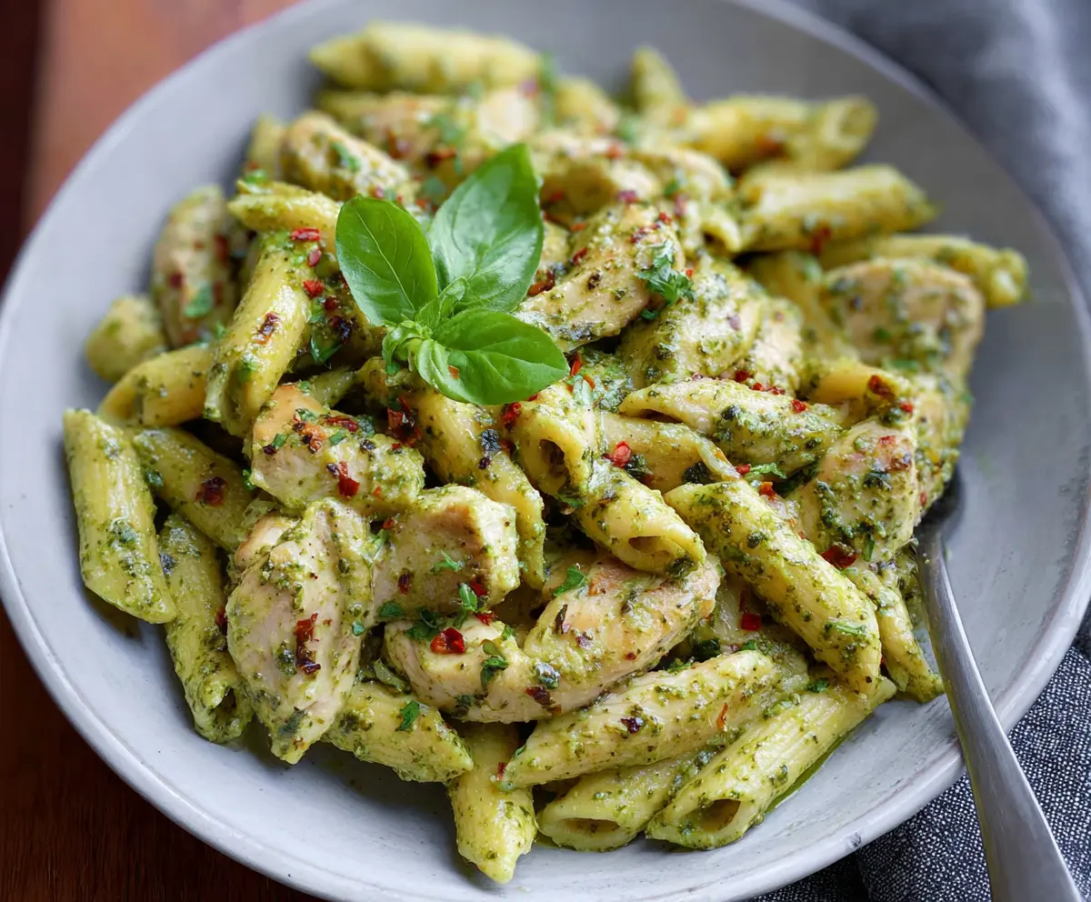 Delicious chicken pesto pasta served on a plate, garnished with fresh basil and grated Parmesan cheese.