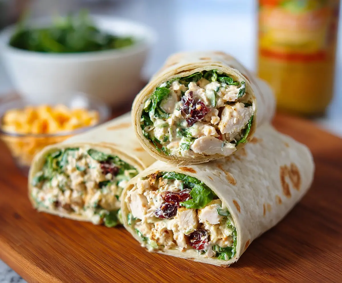 Healthy chicken salad protein wrap with fresh vegetables and whole grain tortilla.