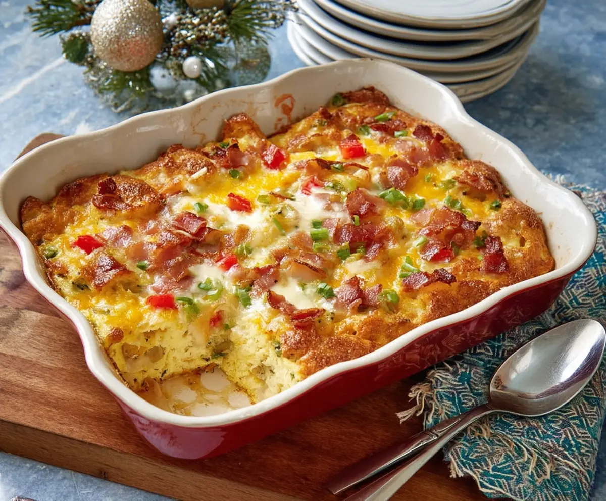 Delicious Christmas breakfast casserole with eggs, sausage, and cheese served in a festive holiday setting.