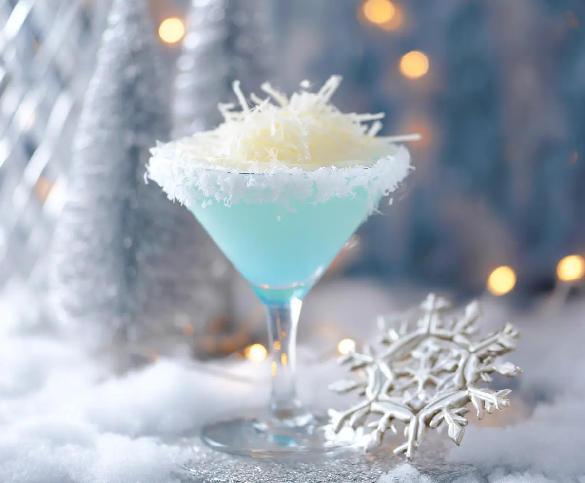 Festive Christmas Snowflake Cocktail with icy decoration and holiday presentation