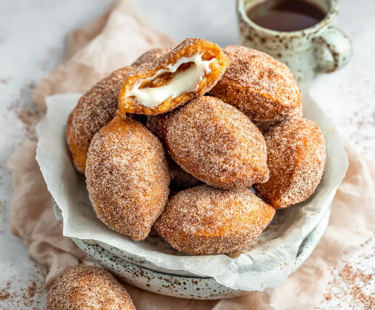 Delicious Cinnamon Cream Cheese Bites on a serving platter with cinnamon dust and fresh herbs