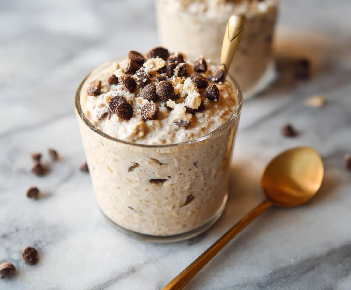 Creamy Cookie Dough Overnight Oats in a glass jar with cookie pieces and chocolate chips on top.