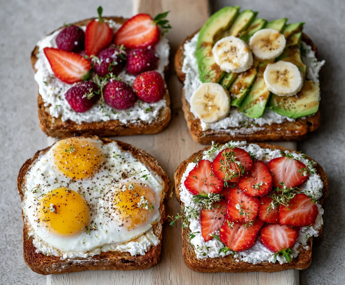 Healthy cottage cheese breakfast toast with fresh fruit and herbs on a white plate