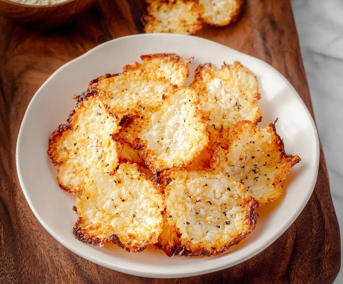 Crispy homemade cottage cheese chips on a white plate, a healthy snack option.