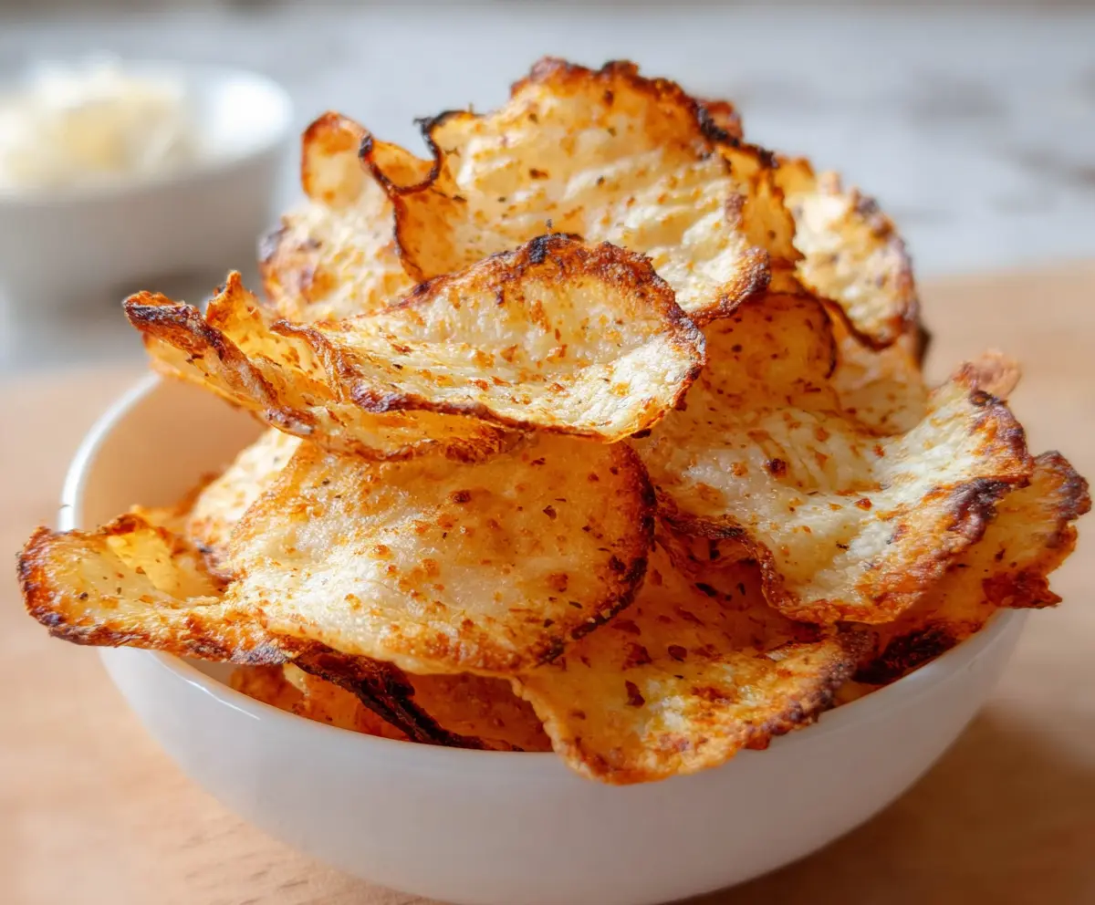 Crispy cottage cheese chips with herbs and spices on a white plate for a healthy snack