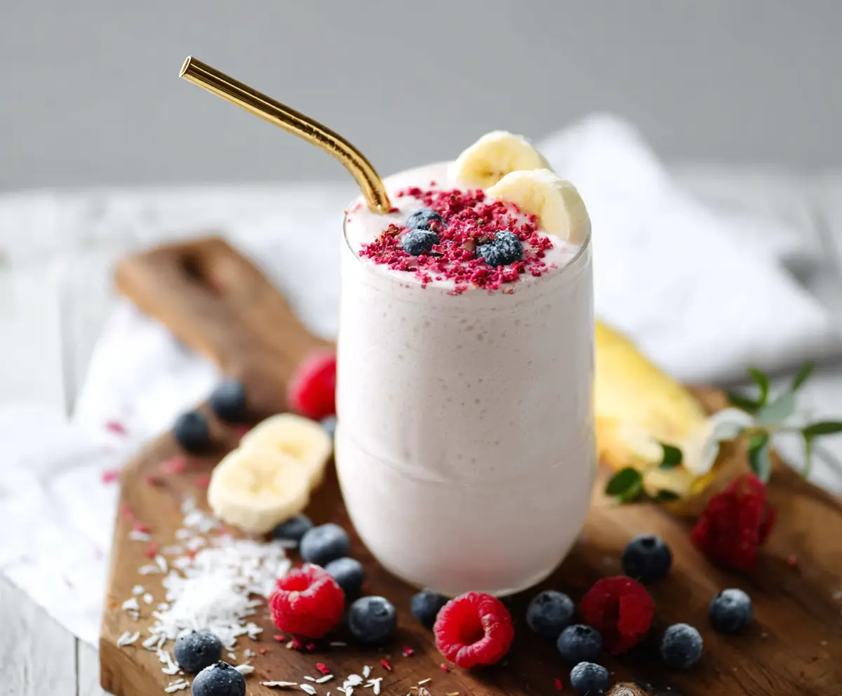 Healthy cottage cheese protein shake in a glass with strawberries and spinach for a nutritious breakfast
