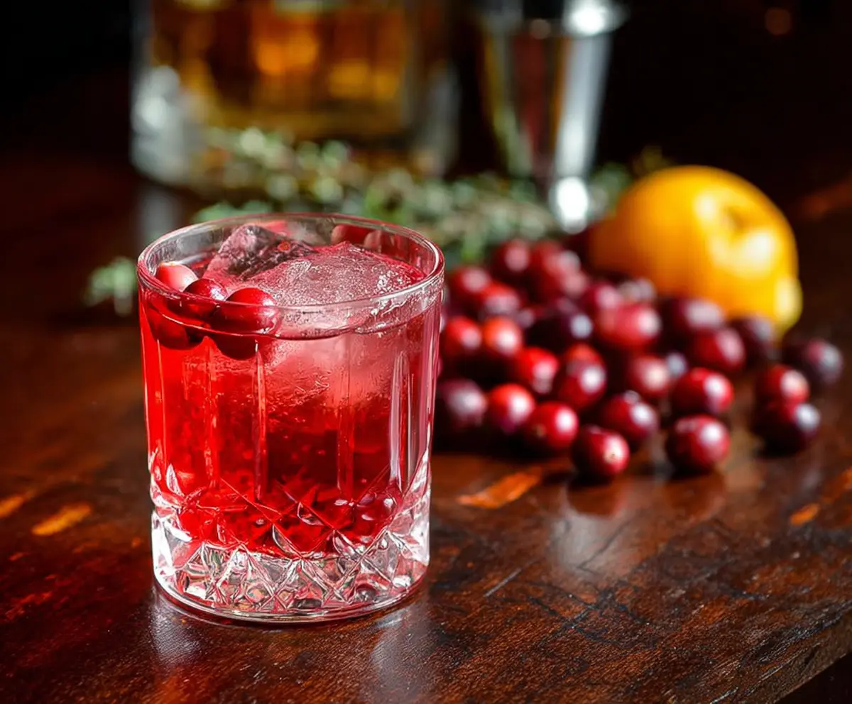 Close-up of a Cranberry Negroni cocktail garnished with fresh cranberries and orange peel, served in a stylish glass.