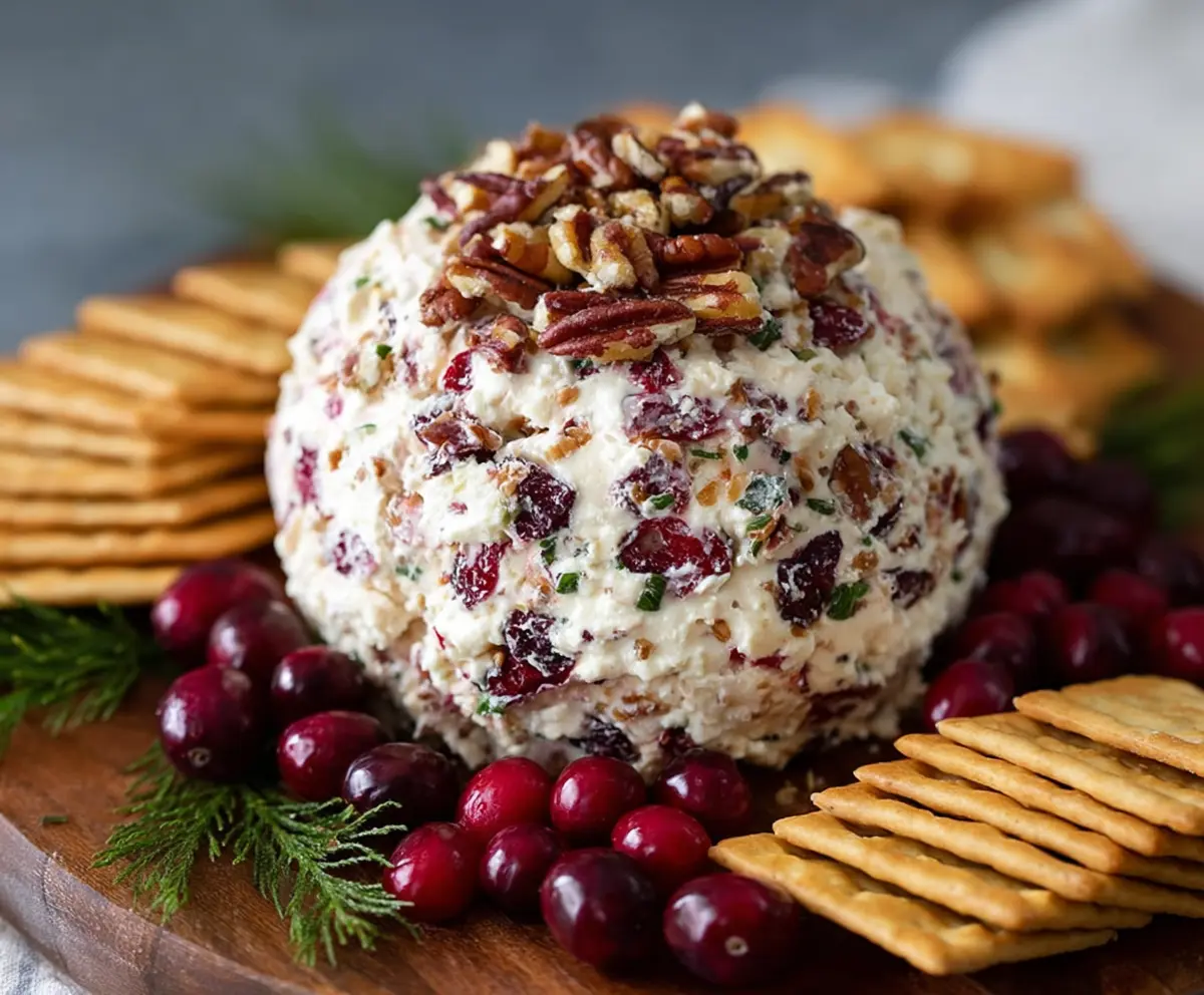 Cranberry Nut Cream Cheese Ball surrounded by fresh herbs and crackers for a festive appetizer