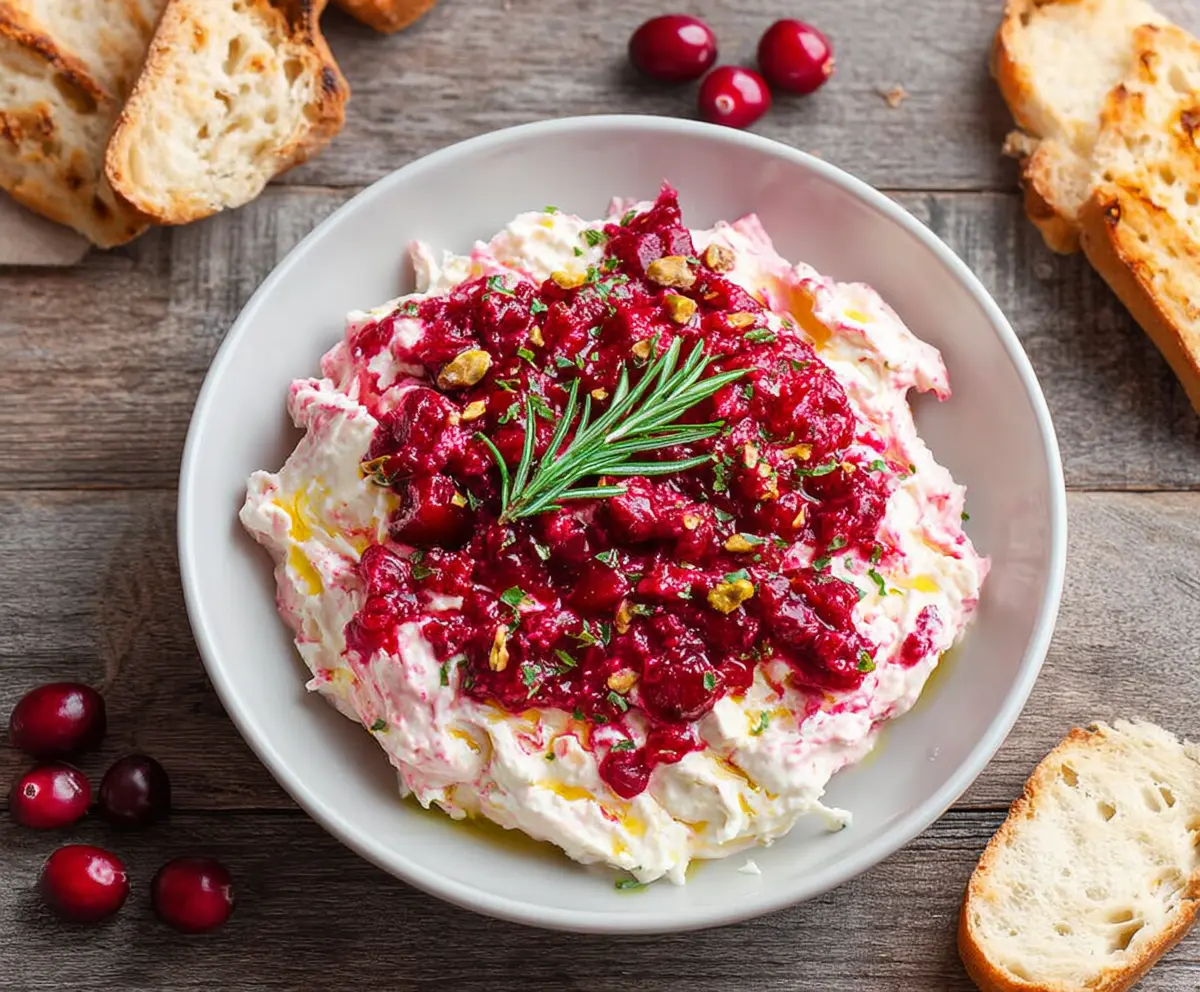 Creamy cranberry whipped feta dip served with fresh herbs on a rustic wooden platter