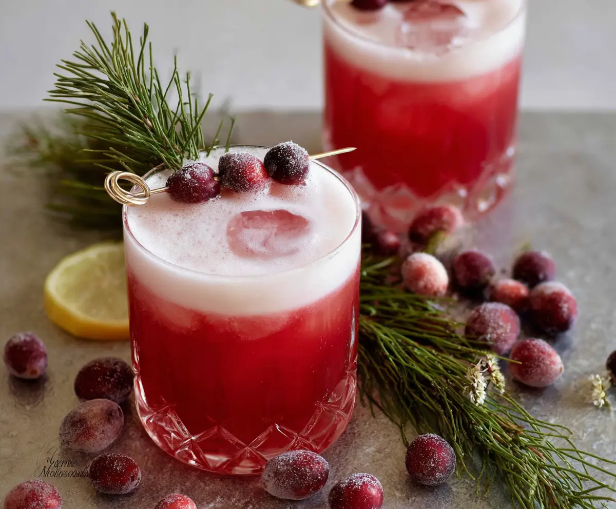 Cranberry Whiskey Sour cocktail garnished with fresh cranberries and a lemon slice on a stylish glass.