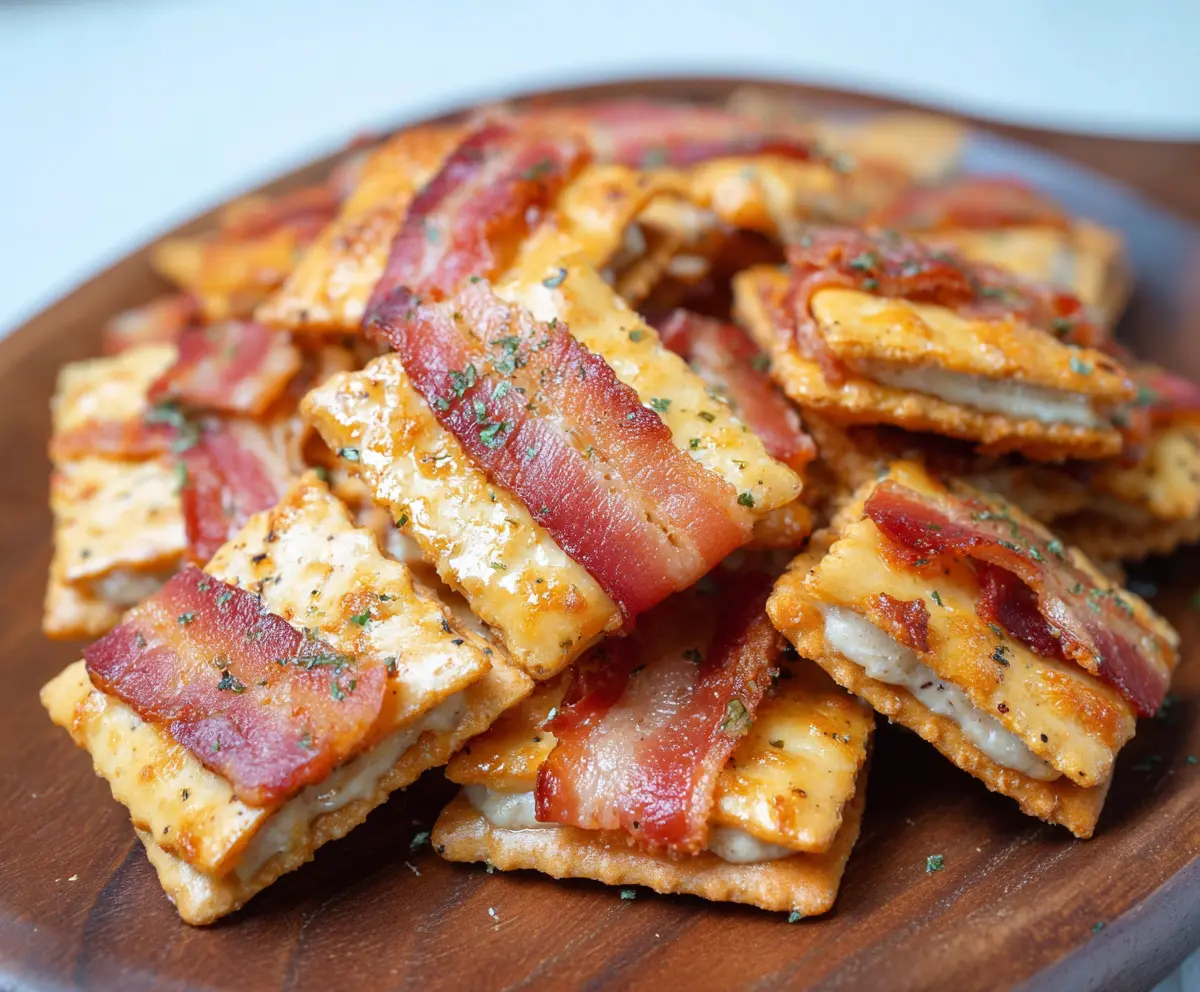 Cream Cheese Bacon Crackers served on a platter, showcasing crispy bacon and creamy cheese atop crunchy crackers.