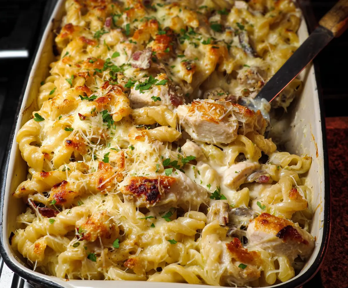 Delicious Creamy Chicken Alfredo Pasta Bake topped with melted cheese and fresh herbs.